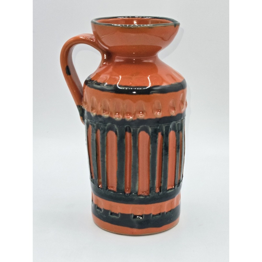 Bitossi Italy Ceramic Pitcher Vase Orange Black Drip Glaze Ribbed 7" MCM